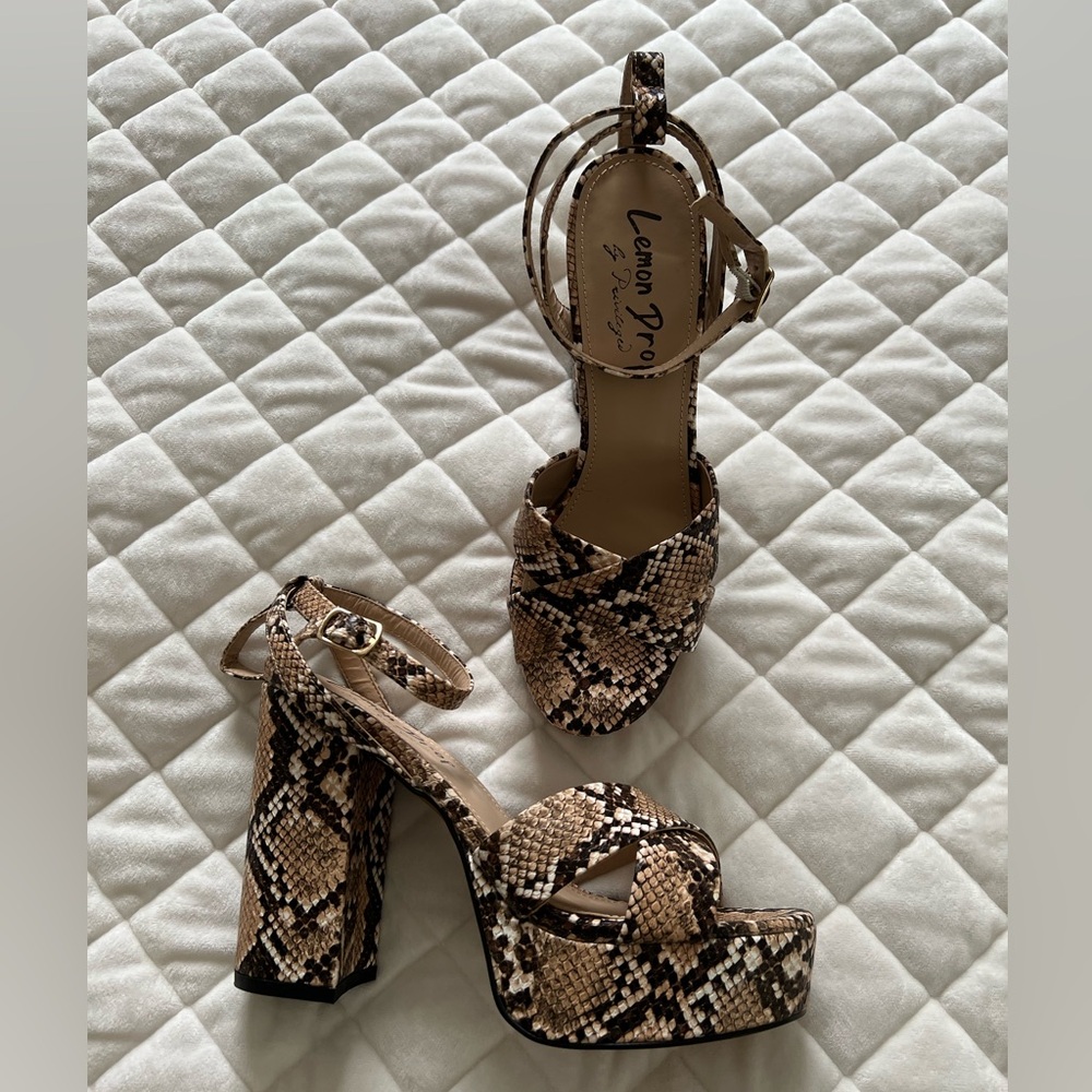 Lemon Drop by Privileged Snake Print Platform Heels